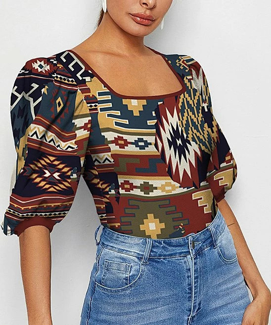 Coupon π IZURIA Blue & Wine Abstract Square-Neck Puff-Sleeve Top - π© Women π― 1 Coupon π IZURIA Blue & Wine Abstract Square-Neck Puff-Sleeve Top - π© Women π―