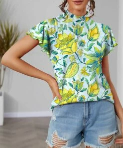 Hot Sale β€οΈ IZURIA Blue & Yellow Floral Mock Neck Flutter-Sleeve Top - Plus π