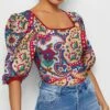 Deals 🧨 IZURIA Red & Blue Floral Square-Neck Puff-Sleeve Top - 👩 Women 😀
