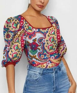 Deals 🧨 IZURIA Red & Blue Floral Square-Neck Puff-Sleeve Top - 👩 Women 😀