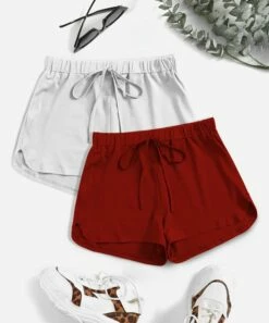 Coupon ✔️ IZURIA White & Red Drawstring Elastic-Waist Shorts Set - 👩 Women 🛒