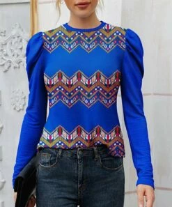 Buy 🌟 IZURIA Blue & Orange Geometric Mutton-Sleeve Crewneck Top - 👩 Women 🥰