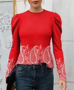 Top 10 😉 IZURIA Red & White Paisley Mutton-Sleeve Crewneck Top - 👩 Women 🔔