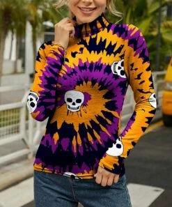 Best Pirce 💯 IZURIA Orange & Purple Tie-Dye Swirl Skull Long-Sleeve Turtleneck - 👩 Women 🔔
