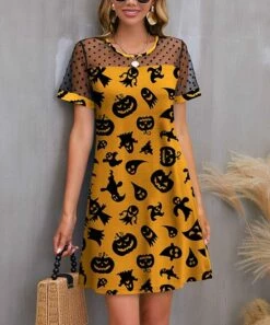 Cheapest 🔔 IZURIA Orange & Black Pumpkins & Ghosts Mesh-Accent A-Line 👗 Dress - 👩 Women ❤️