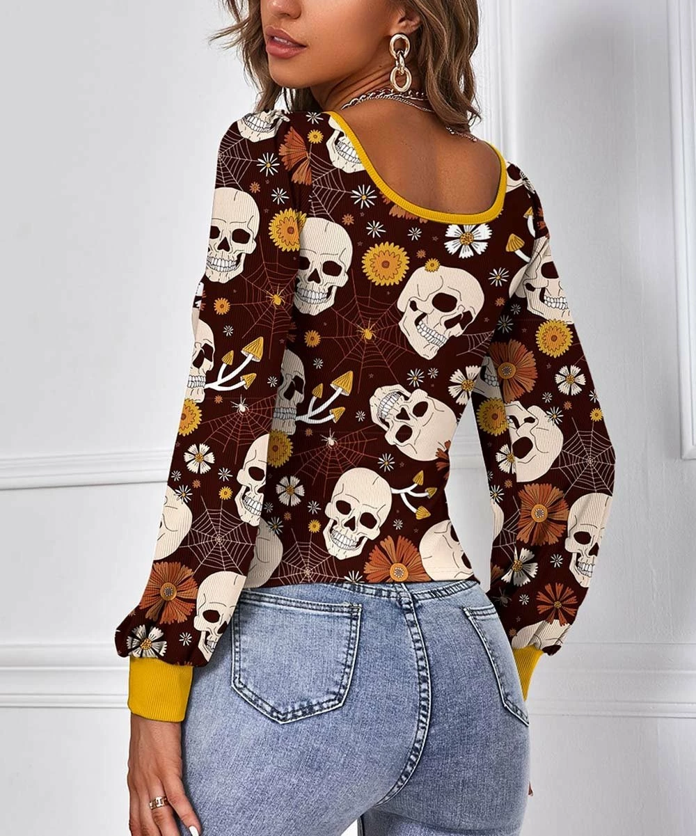Cheap π IZURIA Coffee & Apricot Skull Floral Bishop Sleeve Scoop Neck Top - Plus β€οΈ 2 Cheap π IZURIA Coffee & Apricot Skull Floral Bishop Sleeve Scoop Neck Top - Plus β€οΈ - Image 2