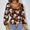Cheap 🌟 IZURIA Coffee & Apricot Skull Floral Bishop Sleeve Scoop Neck Top - Plus ❤️