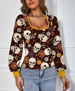 Cheap 🌟 IZURIA Coffee & Apricot Skull Floral Bishop Sleeve Scoop Neck Top - Plus ❤️
