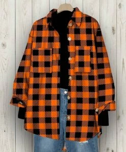 Best Sale 😉 IZURIA Orange & Black Shepherds Check Pocket Button-Up Shacket - 👩 Women & Plus ✨