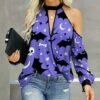 Flash Sale 💯 IZURIA Purple & Black Bats Cutout Bishop Sleeve Surplice Top - 👩 Women ❤️