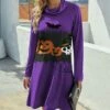 Deals 🥰 IZURIA Purple & Black Pumpkin Skull Long-Sleeve Cowl Neck Shift 👗 Dress - 👩 Women ✨