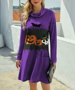 Deals 🥰 IZURIA Purple & Black Pumpkin Skull Long-Sleeve Cowl Neck Shift 👗 Dress - 👩 Women ✨