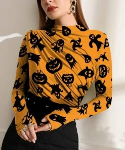 Wholesale ⌛ IZURIA Orange & Black Pumpkins & Ghosts Ruched-Front Long-Sleeve Top - 👩 Women & Plus 🛒
