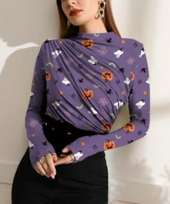 Cheapest ⭐ IZURIA Purple & Orange Pumpkin Ghost Ruched-Front Long-Sleeve Top - 👩 Women 😉