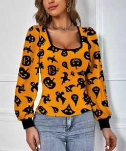 Best Sale 😉 IZURIA Orange & Black Pumpkin Ghost Bishop-Sleeve Scoop Neck Top - Plus ✨