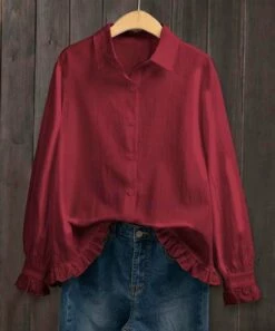 New ⌛ IZURIA Red Ruffle-Hem Linen-Blend Button-Up - 👩 Women & Plus 🤩