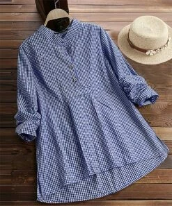 Buy 🌟 IZURIA Blue Plaid Button-Front Hi-Low Top - 👩 Women & Plus ⭐