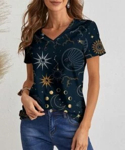 New 🔥 IZURIA Navy Sun Moon Short-Sleeve V-Neck Top - 👩 Women 🎉