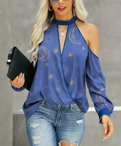 Brand new 💯 IZURIA Blue Sun Moon Cold-Shoulder Choker-Cutout Surplice Top - 👩 Women & Plus 🛒