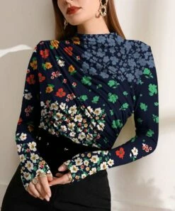 Best Pirce 🥰 IZURIA Navy & Blue Floral Ruched-Front Long-Sleeve Top - 👩 Women ✨