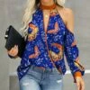 Hot Sale ⭐ IZURIA Blue & Orange Butterfly Cold-Shoulder Surplice Top - 👩 Women ⭐