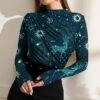 Best deal 🛒 IZURIA Dark Blue Reindeer Moon Ruched-Front Long-Sleeve Top - 👩 Women 👏