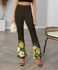 New 👏 IZURIA Coffee & Yellow Floral Flare Pants - 👩 Women ❤️
