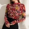 Deals ✨ IZURIA Red & Yellow Abstract Ruched-Front Long-Sleeve Top - 👩 Women ✔️