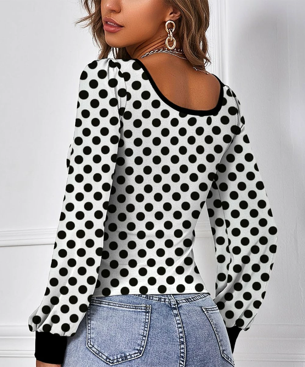New 🤩 IZURIA White & Black Polka Dot Bishop-Sleeve Square Neck Top - 👩 Women 🔥 2 New 🤩 IZURIA White & Black Polka Dot Bishop-Sleeve Square Neck Top - 👩 Women 🔥 - Image 2