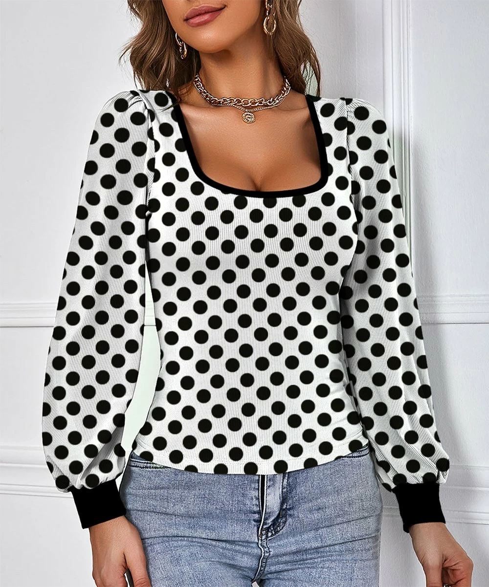 New 🤩 IZURIA White & Black Polka Dot Bishop-Sleeve Square Neck Top - 👩 Women 🔥 1 New 🤩 IZURIA White & Black Polka Dot Bishop-Sleeve Square Neck Top - 👩 Women 🔥