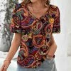 Cheap 👏 IZURIA Purple & Orange Paisley Bell-Sleeve V-Neck Top - 👩 Women 🔥