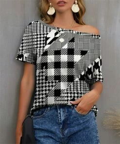 Wholesale 😀 IZURIA Black & White Houndstooth Plaid Boatneck Tee - 👩 Women 🤩