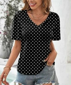 Best deal ❤️ IZURIA Black & White Polka Dot Bell-Sleeve V-Neck Top - 👩 Women 😀