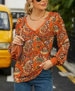 Best Pirce 👏 IZURIA Tangerine & Yellow Floral Bishop-Sleeve Surplice Top - Plus ⭐