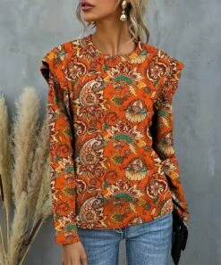 Promo ⌛ IZURIA Tangerine & Yellow Floral Ruffle Long-Sleeve Top - 👩 Women ⭐