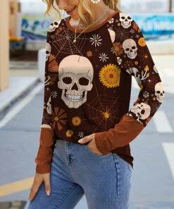 Wholesale 👏 IZURIA Wine & Brown Skull Floral Raglan Contrast-Cuff Long-Sleeve Top - 👩 Women ❤️