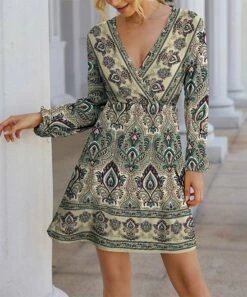 Buy 🥰 IZURIA Beige & Green Damask Long Sleeve Empire-Waist Surplice 👗 Dress - 👩 Women 🌟