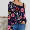 Coupon ⌛ IZURIA Navy & Pink Floral Skeleton One-Shoulder Lantern-Sleeve Tunic - 👩 Women 🥰