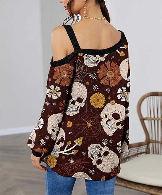 Best Sale β¨ IZURIA Wine Skull Floral One-Shoulder Lantern-Sleeve Tunic - π© Women βοΈ 2 Best Sale β¨ IZURIA Wine Skull Floral One-Shoulder Lantern-Sleeve Tunic - π© Women βοΈ - Image 2