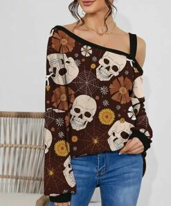 Best Sale ✨ IZURIA Wine Skull Floral One-Shoulder Lantern-Sleeve Tunic - 👩 Women ✔️