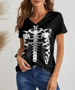 Flash Sale 😉 IZURIA Black & White Skeleton V-Neck Tee - 👩 Women 😉