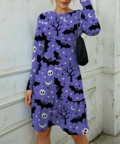 Wholesale 💯 IZURIA Purple & Black Skull Bat Long-Sleeve Ruffle-Hem Midi 👗 Dress - Plus 🤩