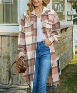IZURIA Sales Store 16 Best Pirce π IZURIA Pink & Cream Plaid Longline Pocket Shacket - Plus β
