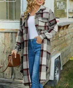 Budget 👏 IZURIA Gray & Red Plaid Longline Button-Up Shacket - Plus 🤩