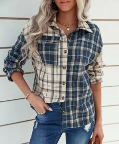 Outlet 🌟 IZURIA Blue & White Plaid-Contrast Pocket Button-Up Shacket - 👩 Women 💯