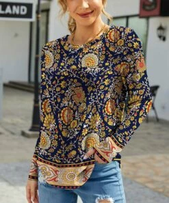 Top 10 😀 IZURIA Navy & Yellow Floral Crewneck Long-Sleeve Top - 👩 Women 😀