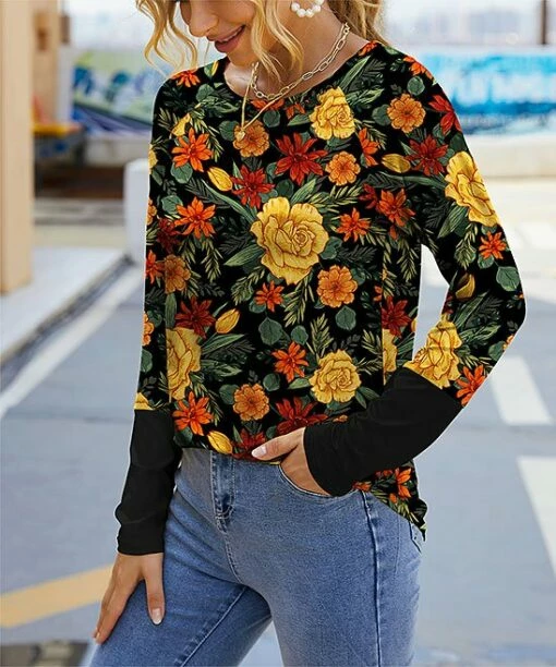 Top 10 🤩 IZURIA Black & Yellow Floral Long-Sleeve Curved-Hem Crewneck Top - 👩 Women & Plus 😉 -IZURIA Sales Store zu108298542 main tm1661191493