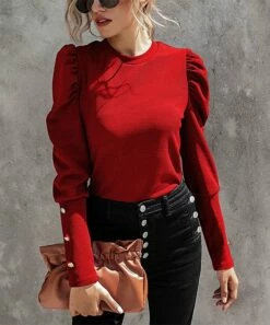 Best reviews of π₯° IZURIA Red Button Mutton-Sleeve Crewneck Top - π© Women π