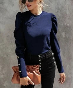 Top 10 👍 IZURIA Navy Button-Accent Mutton-Sleeve Top - 👩 Women ⭐
