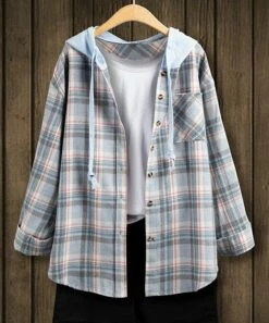 Buy ❤️ IZURIA Blue Plaid Pocket Hooded Button-Up Shacket - Plus 😍